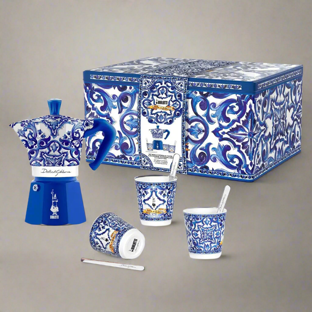 Bialetti x Dolce & Gabanna Gift Set - 6 Cup Moka and 3 Porcelain Cups in Blue