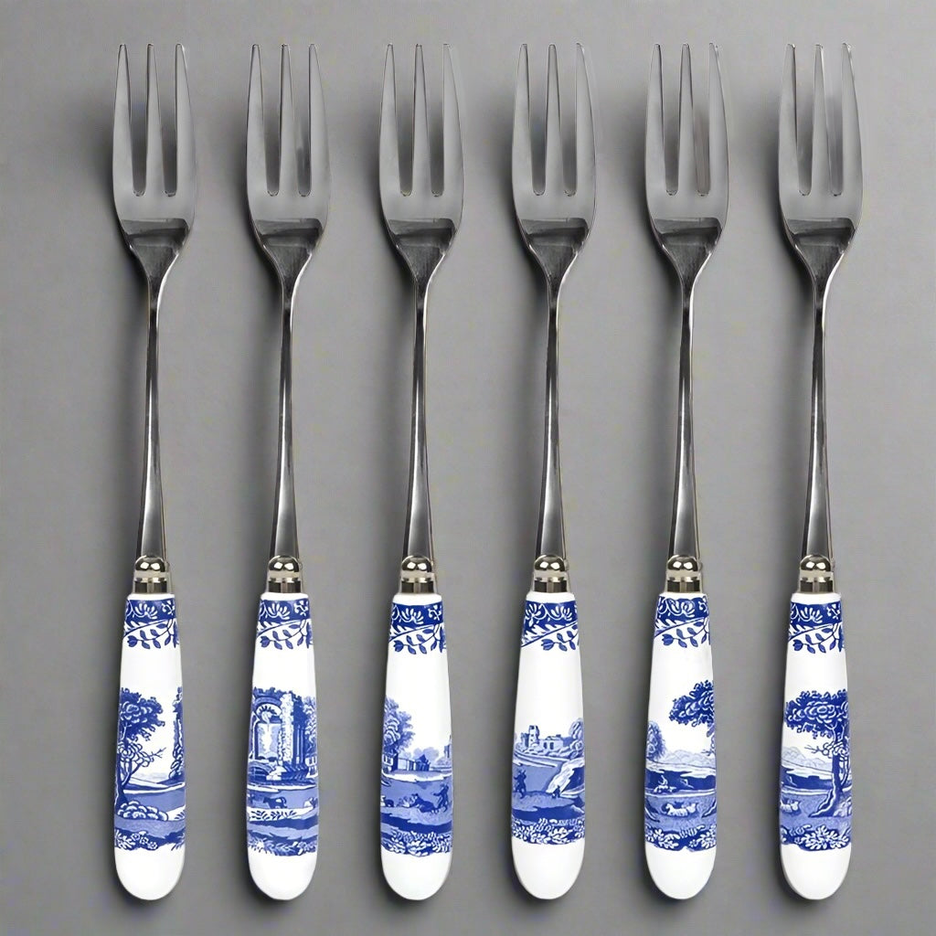 Spode - Blue Italian Ceramic Handle Pastry Forks Set of 6