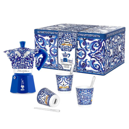 Bialetti x Dolce & Gabanna Gift Set - 6 Cup Moka and 3 Porcelain Cups in Blue