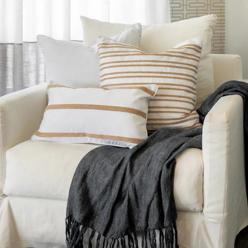 Indee White and Hemp Double Stripe Cushion Cover - 50cm x 50cm