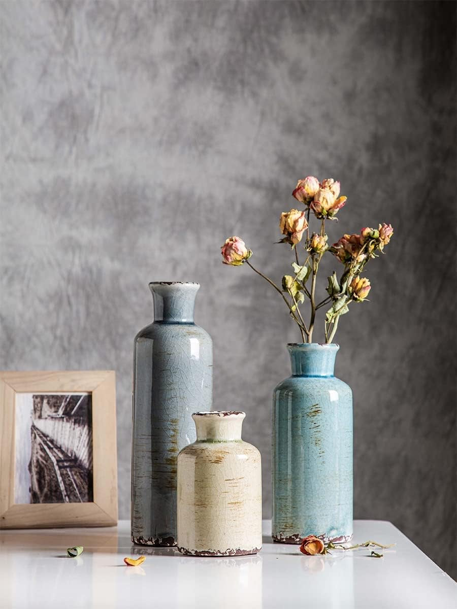 Ceramic Rustic Blue Vases - Set of 3