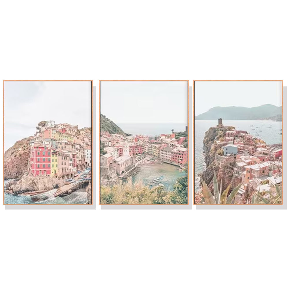 80cmx120cm Cinque Terre Framed Print Set of 3 - Oak Frame