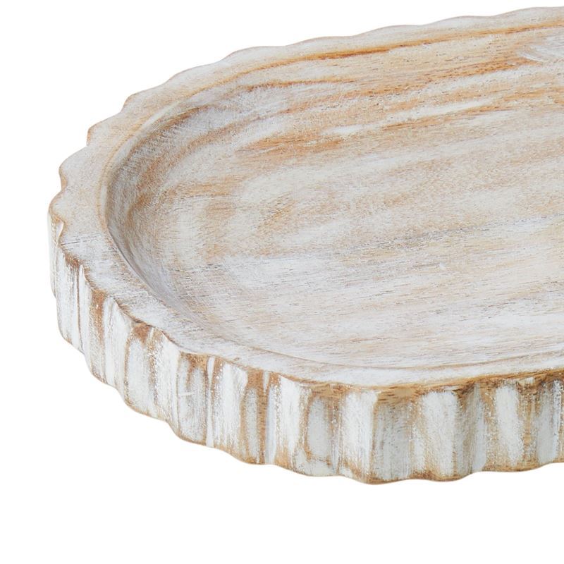 Rustic wooden decorative tray with a ribbed texture and natural, distressed finish