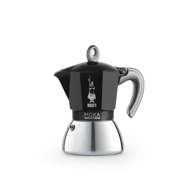 Sleek black and chrome Bialetti MOKA Induction 6-cup espresso maker on a plain white background.