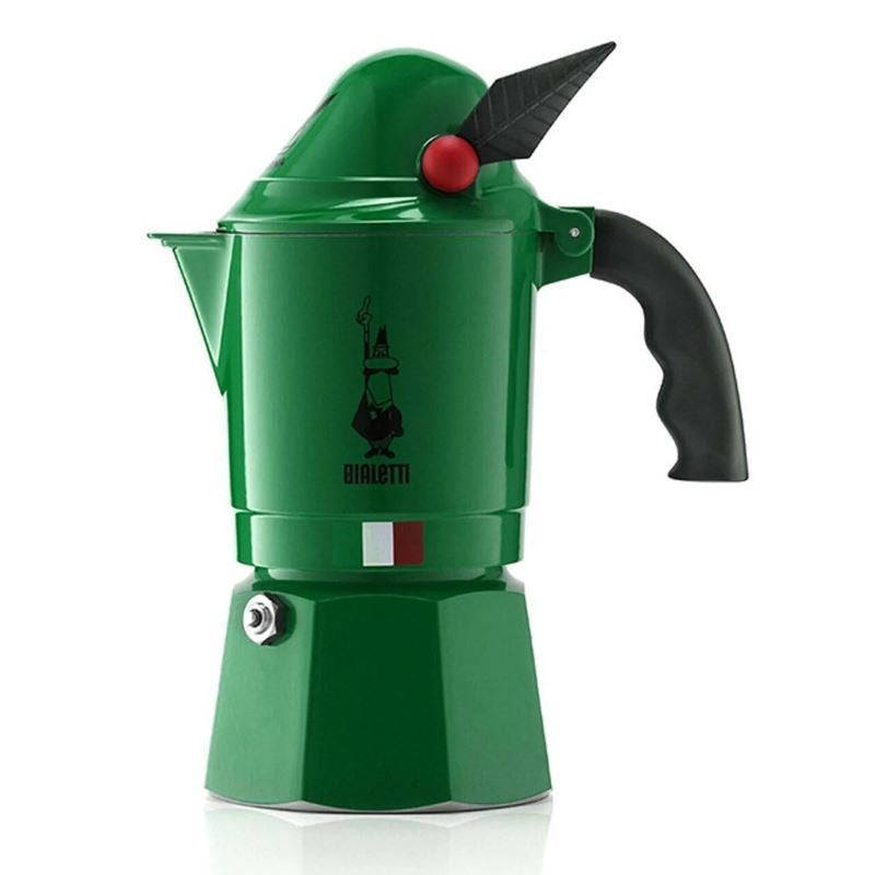 Stylish green espresso maker with black handle and red knob, prominently featuring the Bialetti brand on the body. This compact 3-cup coffee maker is designed for efficient brewing of rich, flavorful espresso in the comfort of your home.