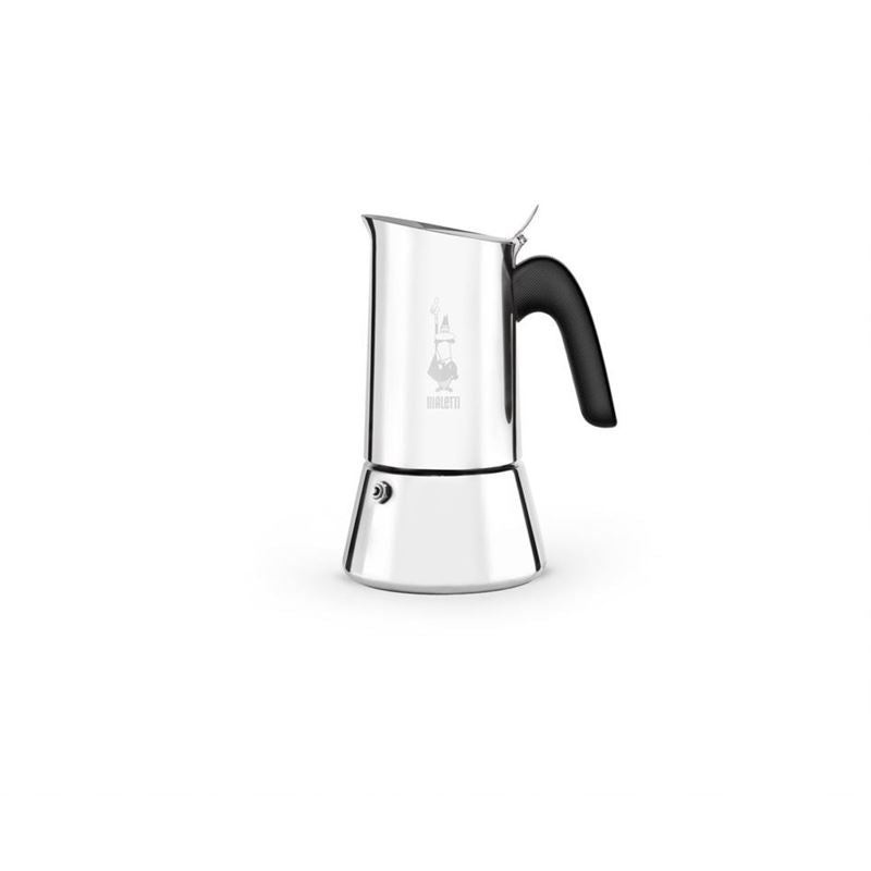 Stainless steel stovetop espresso maker on white background