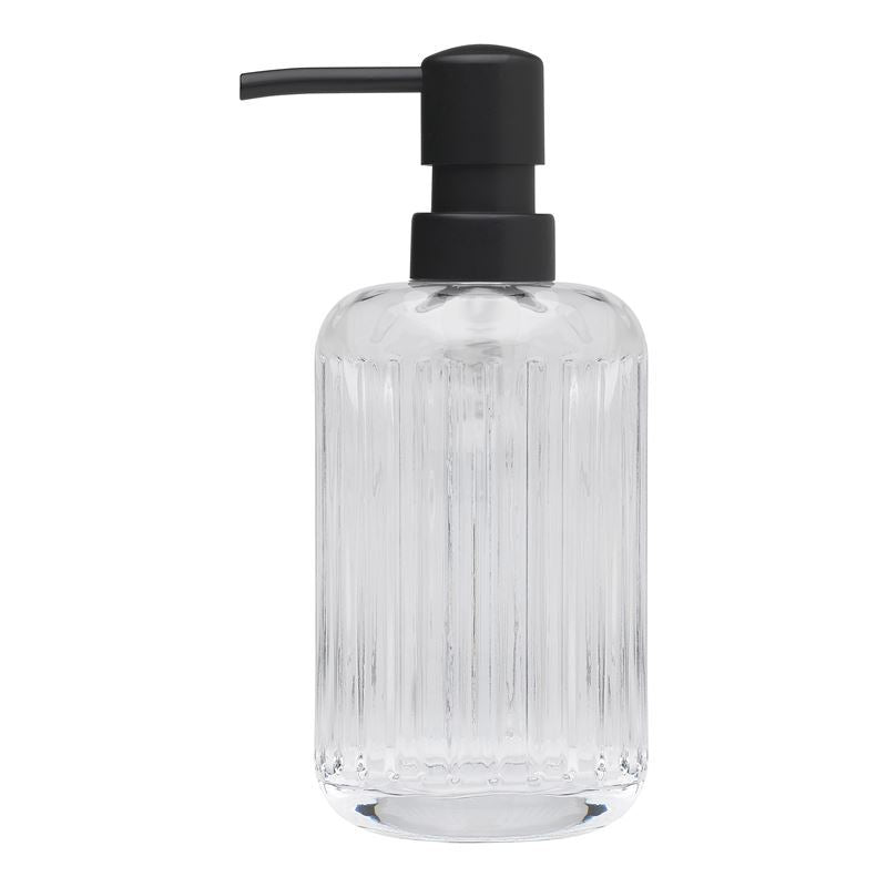 Clear glass soap dispenser with a black pump in the La Dolce Casa store