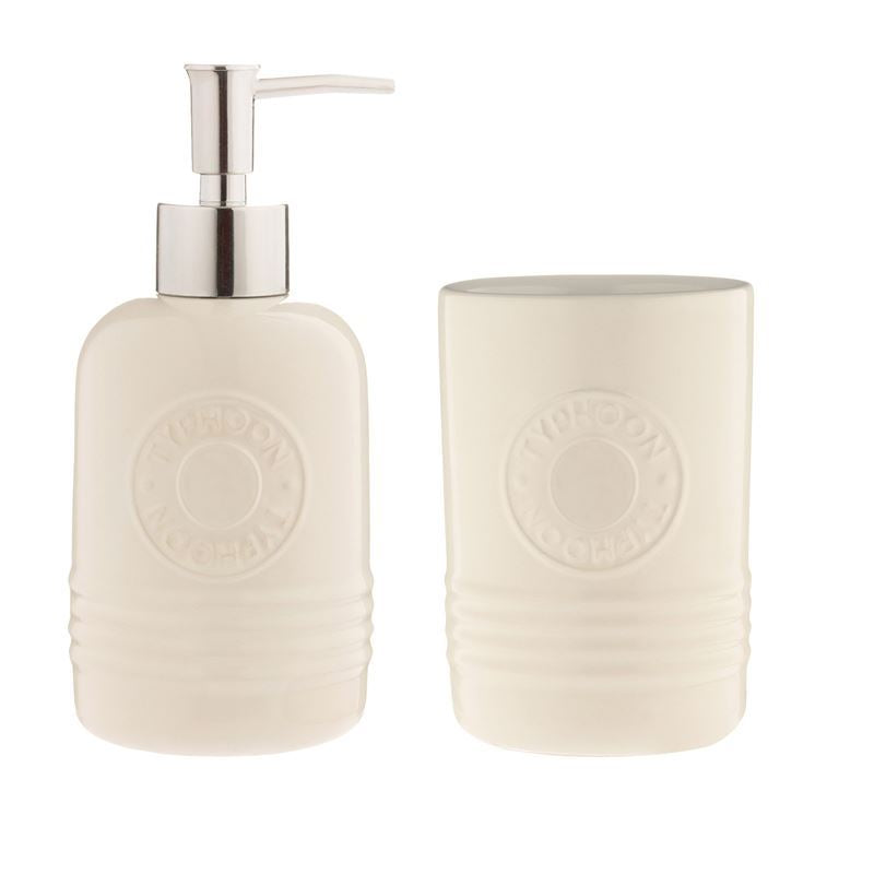 Typhoon - Soap Dispenser & Toothbrush Holder Set
A white ceramic soap dispenser and toothbrush holder set from the La Dolce Casa brand, featuring a modern, minimalist design.