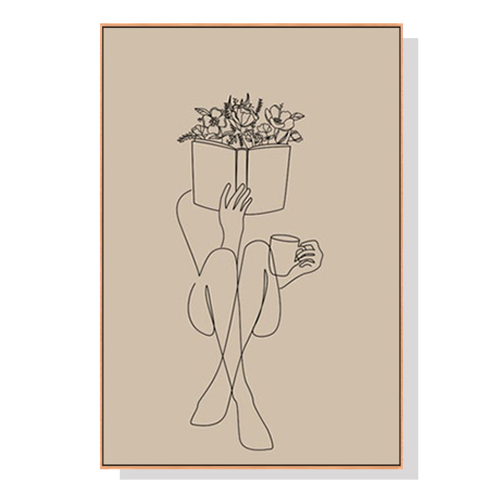 Abstract minimalist illustration of a person holding a box of flowers in an oak framed print