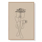 Abstract minimalist illustration of a person holding a box of flowers in an oak framed print