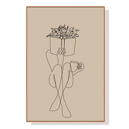 Minimalist artwork depicting a person holding a box of flowers in an oak frame