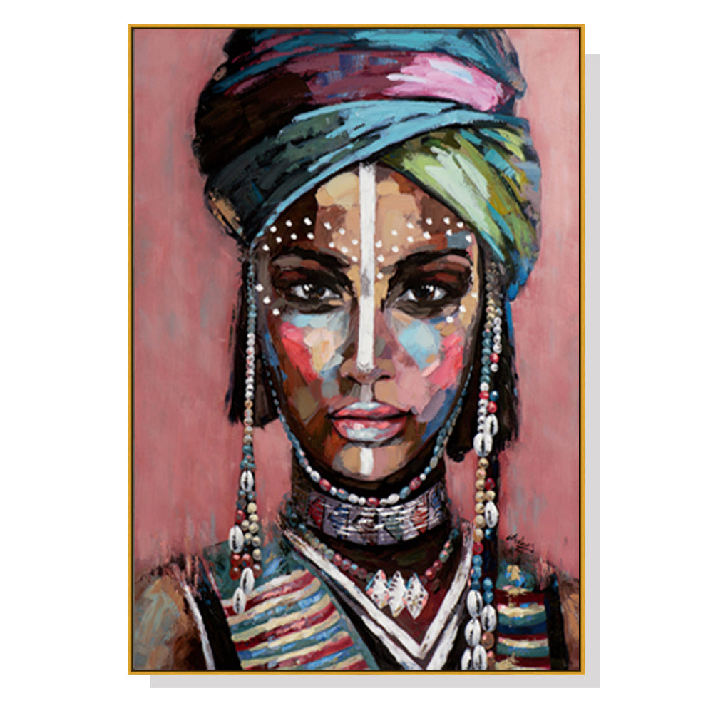 Colorful portrait of an African woman with intricate headdress and ornate jewelry, framed in gold