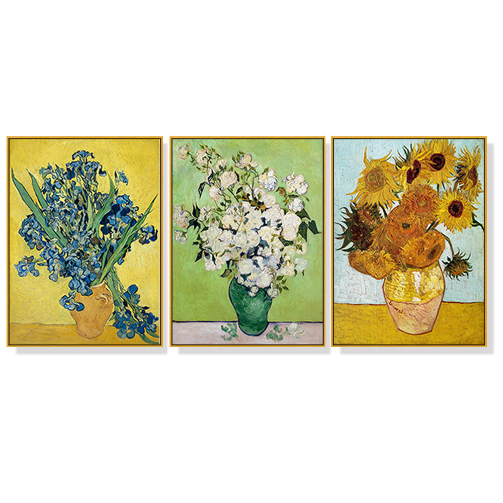 70cmx100cm Van Gogh sunflowers Roses - Gold Frame Print Set of 3