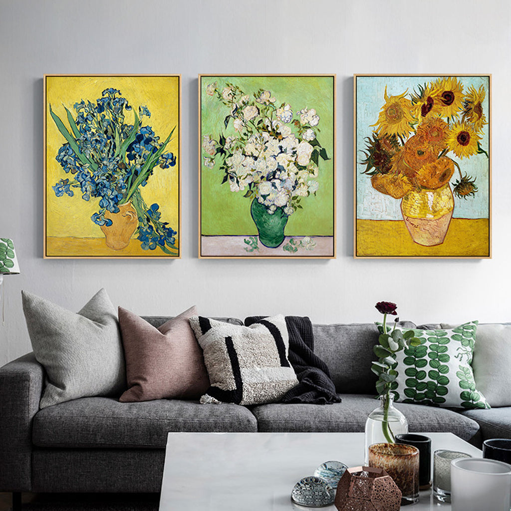 70cmx100cm Van Gogh sunflowers Roses - Gold Frame Print Set of 3