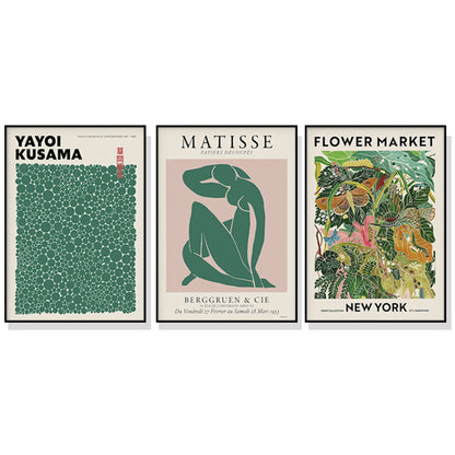 40cmx60cm Flower Market, Matisse Print, Yayoi Kusama - Black Framed Print Set of 3