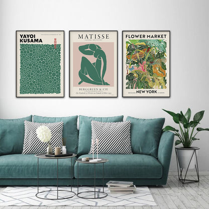 40cmx60cm Flower Market, Matisse Print, Yayoi Kusama - Black Framed Print Set of 3