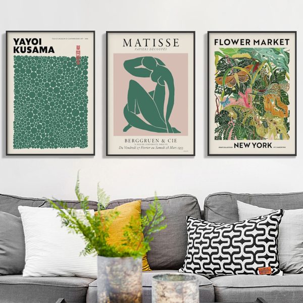 40cmx60cm Flower Market, Matisse Print, Yayoi Kusama - Black Framed Print Set of 3