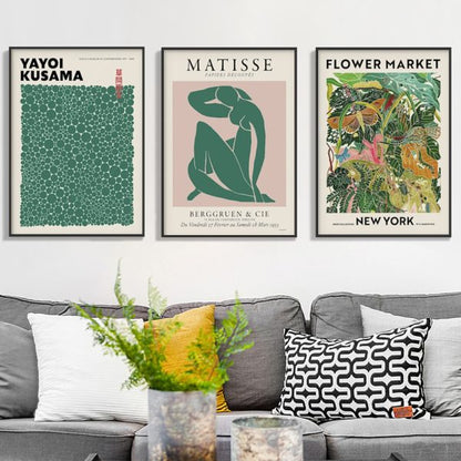 40cmx60cm Flower Market, Matisse Print, Yayoi Kusama - Black Framed Print Set of 3