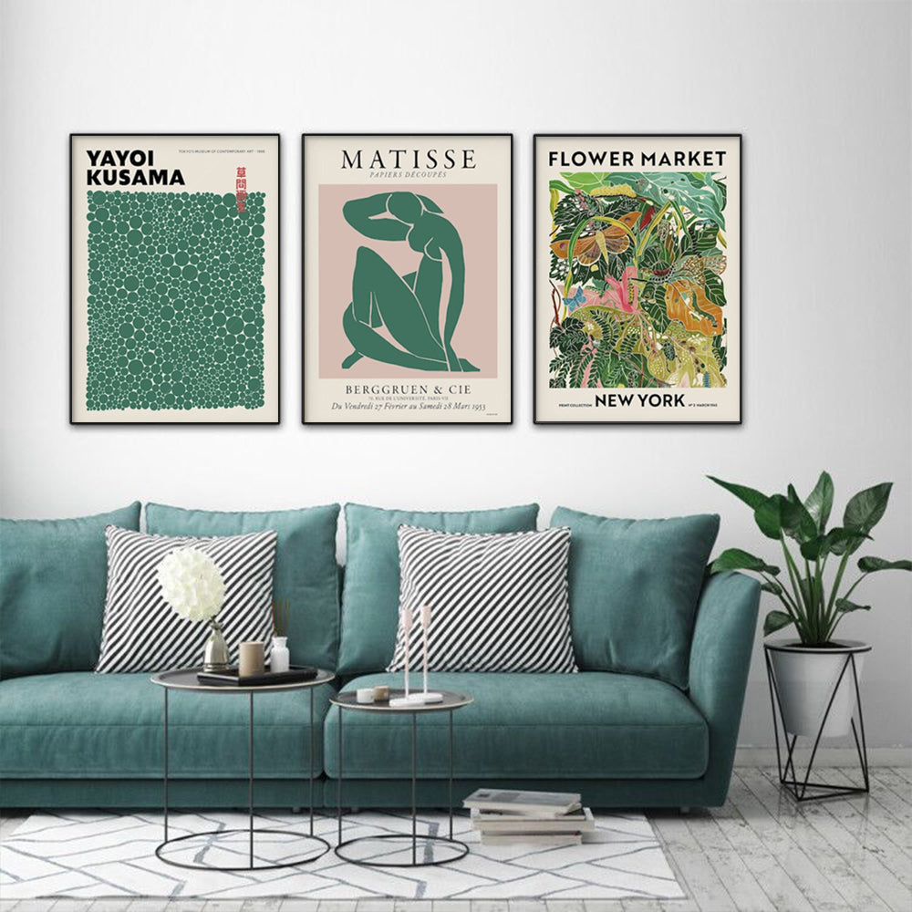 70cmx100cm Flower Market, Matisse Print, Yayoi Kusama - Black Frame Print Set of 3