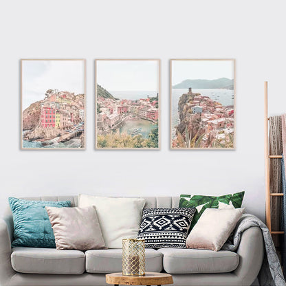 70cmx100cm Cinque Terre Framed Print Set of 3 - Oak Frame