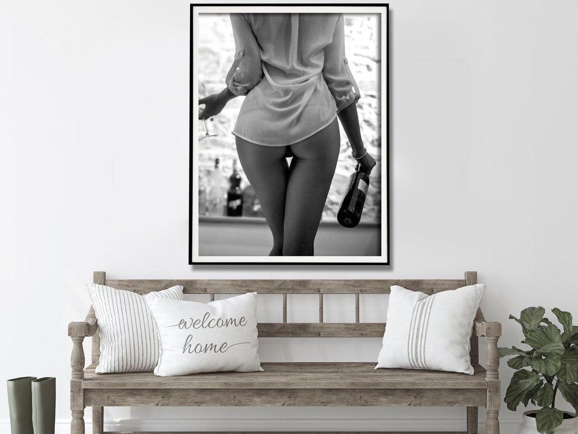 50cmx70cm Woman Drinking Wine - Black & White Framed Print